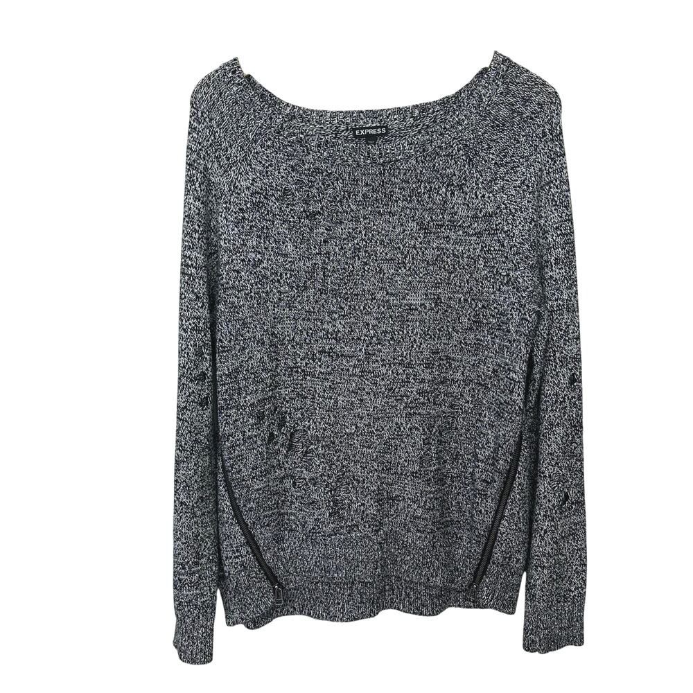 Express Distressed Sweater‎ Womens Medium Black White Side Zipper Detail Grunge
